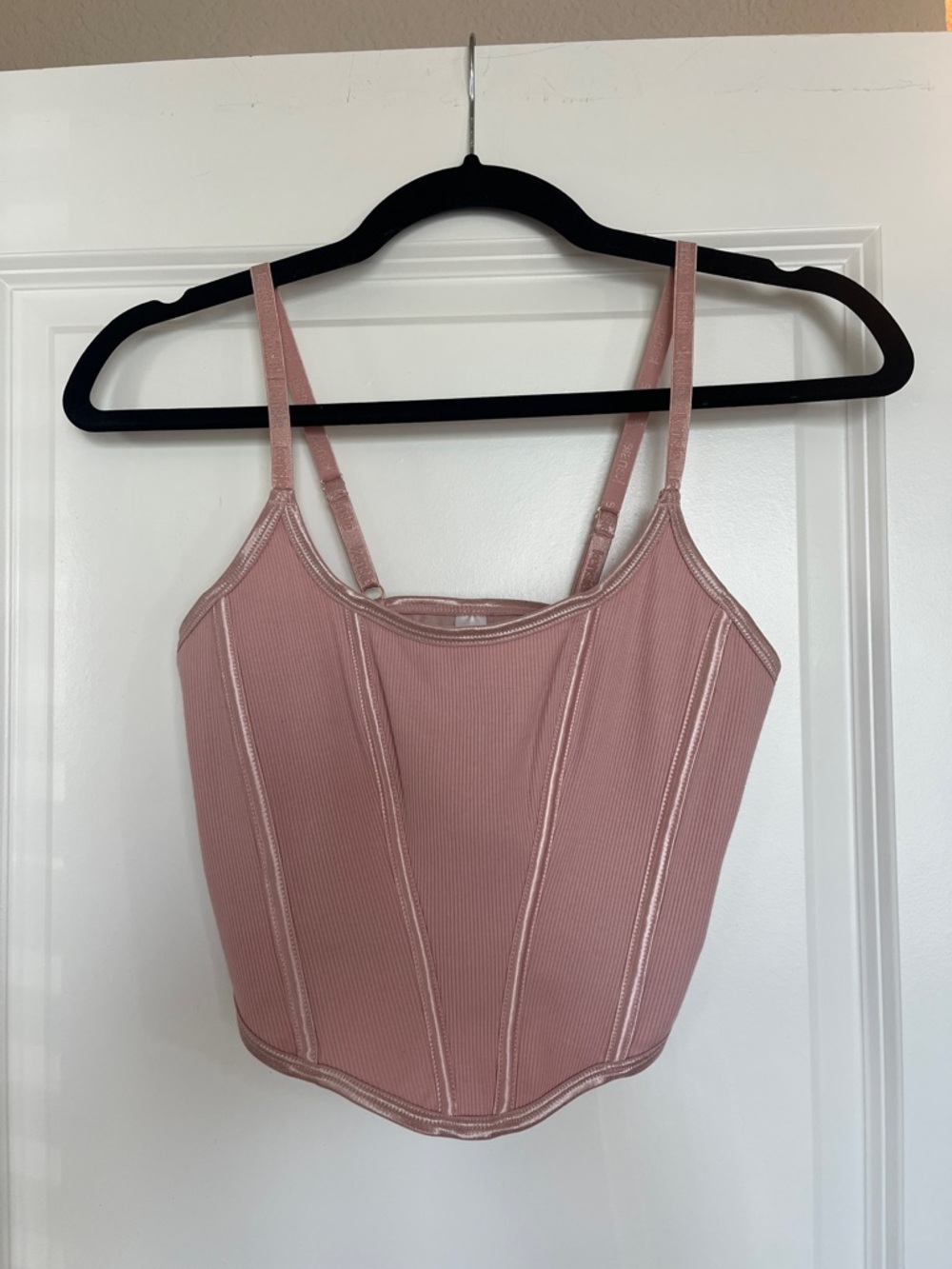 Dusty Rose Ribbed Corset-Style Crop Top